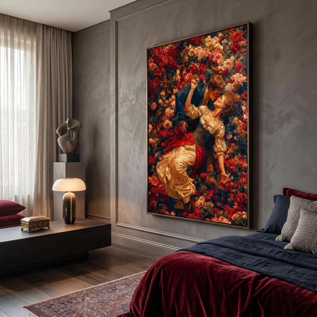 Romantic art couple portrait, two lovers embracing in a sea of red and pink roses