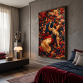 Romantic art couple portrait, two lovers embracing in a sea of red and pink roses