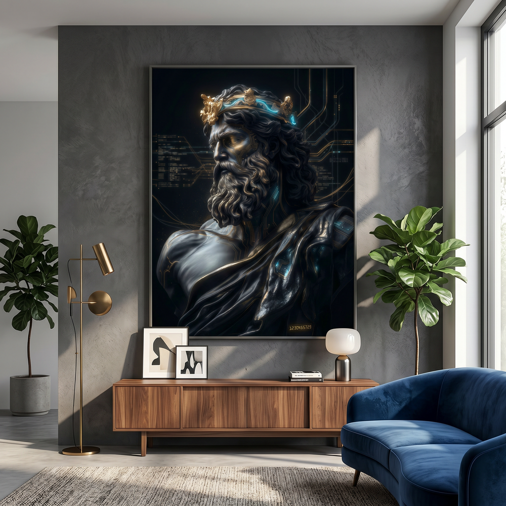 Cyberpunk Zeus Statue Poster – Dark Academia Mythology Wall Art Print AffinityArts