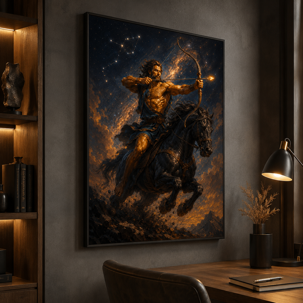 Zodiac art that turns a quiet wall into a scene of motion, fire, and myth