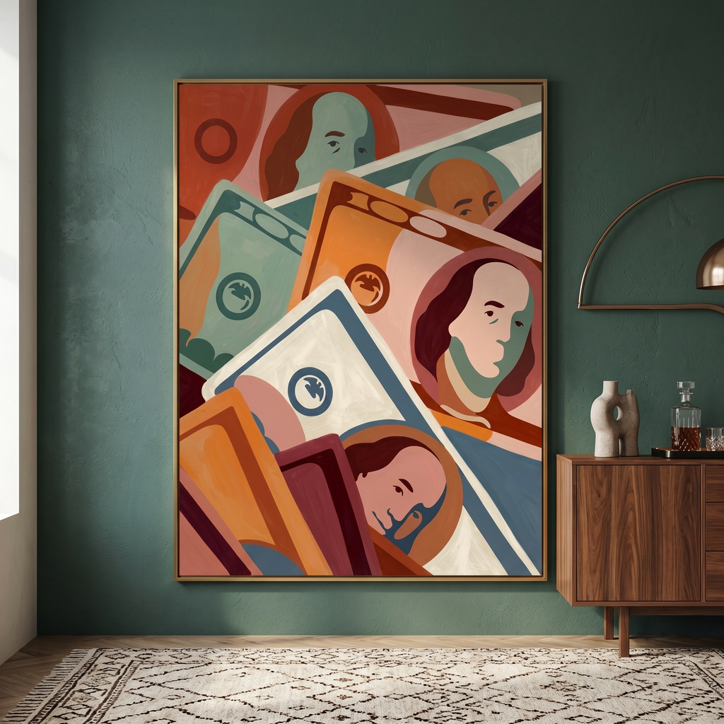 Money wall art print – flat graphic dollar bill illustration, terracotta sage and steel blue, archival matte or canvas