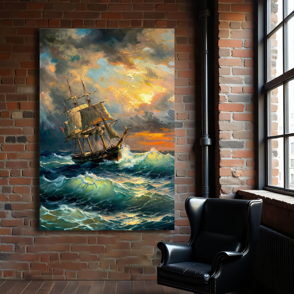 ocean storm painting with sailing ship and glowing sky