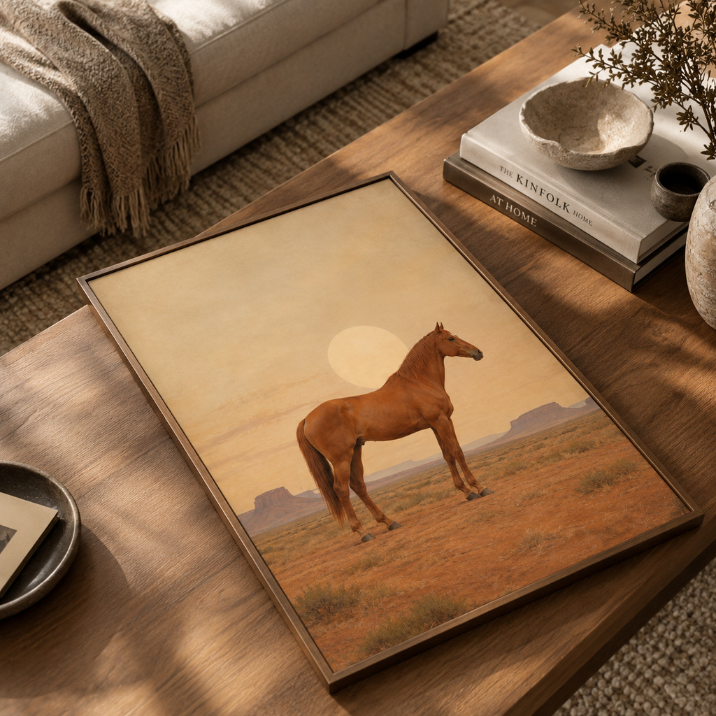 Chestnut horse in side profile on a desert plain with a pale sun disc and mesas, modern western wall art