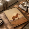Chestnut horse in side profile on a desert plain with a pale sun disc and mesas, modern western wall art