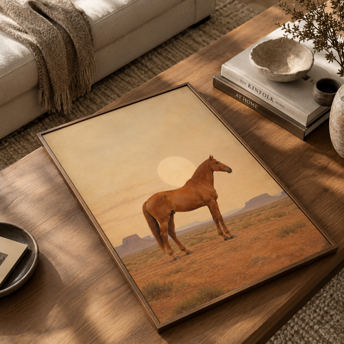 Chestnut horse in side profile on a desert plain with a pale sun disc and mesas, modern western wall art
