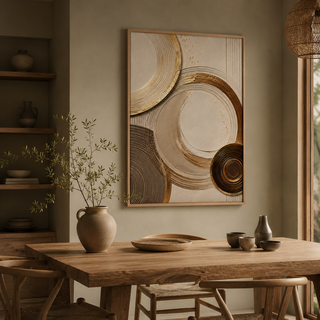 Gold circle canvas print — elegant neutral tone home decor