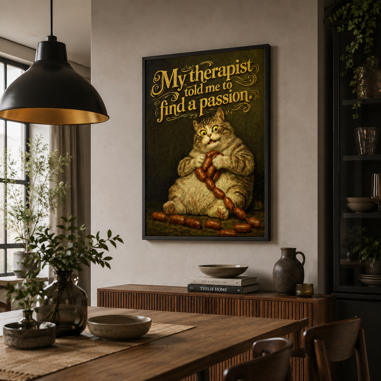 Funny fat cat clutching sausages under gold vintage text, kitchen wall art print