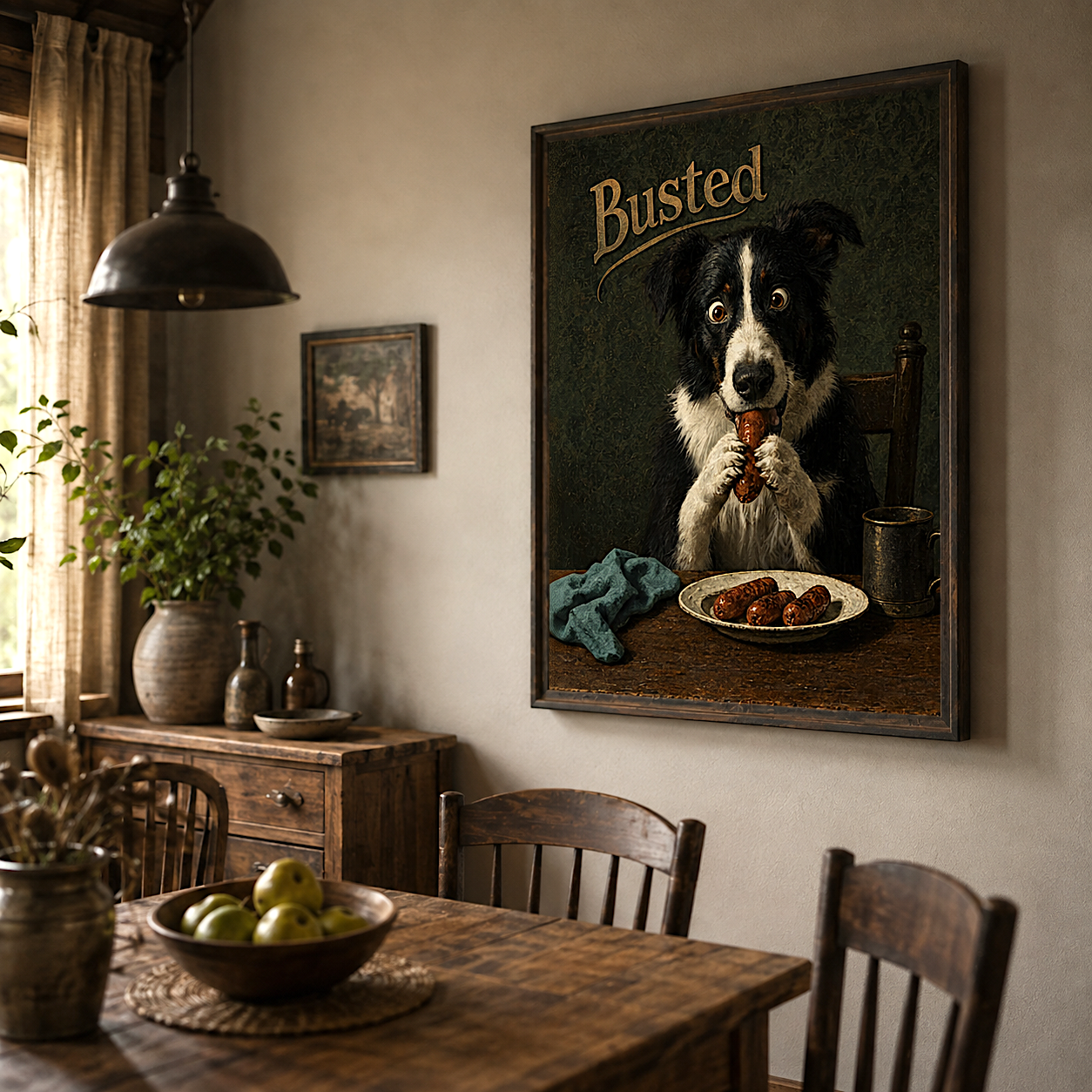 Funny dog print catching a sausage thief mid-act, dog portrait art