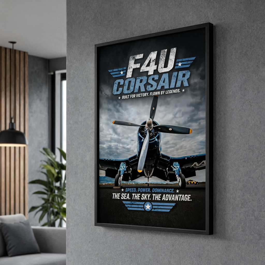 F4U Corsair poster hanging in man cave wall art display