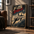 F-15 Eagle poster with distressed cream and red lettering, fighter jet banking through golden clouds on a deep navy sky