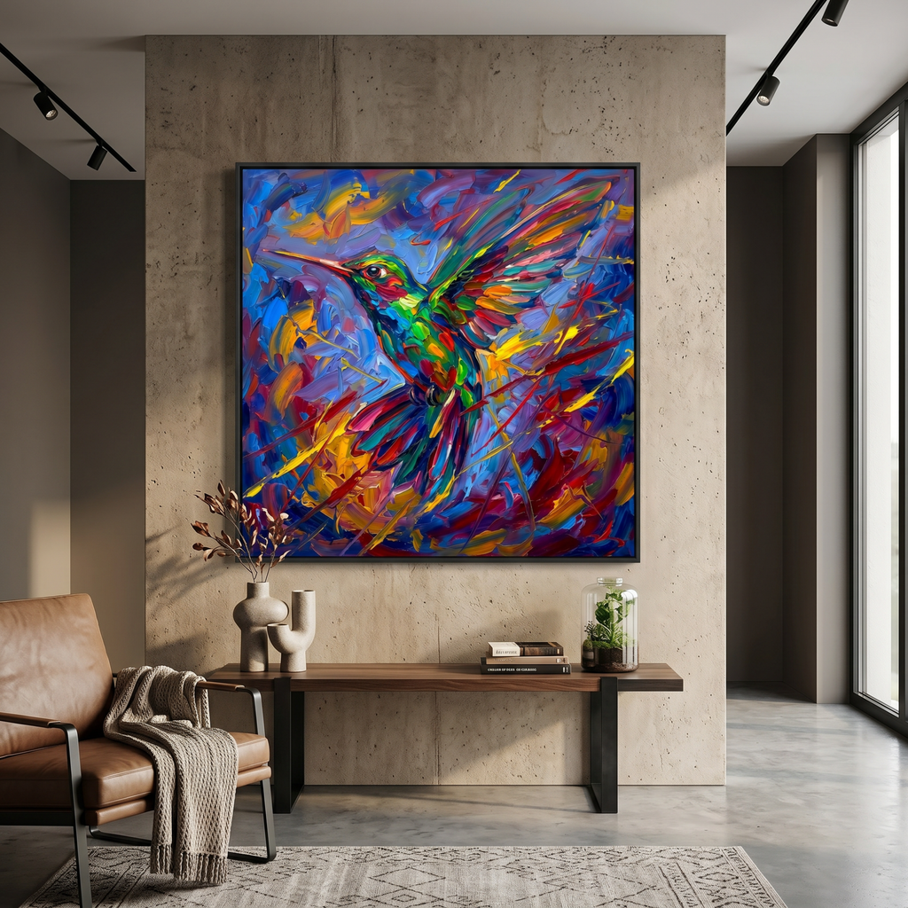 Hummingbird canvas print on white wall — colorful bird wall art, gallery wrap, living room and bedroom decor