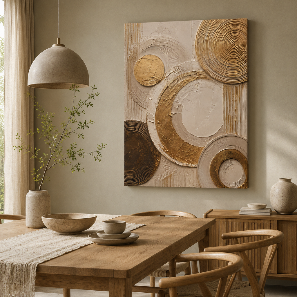 Canvas: Ivory canvas print faux gold texture wall art gallery wrap, abstract circular plaster-effect design for modern home décor