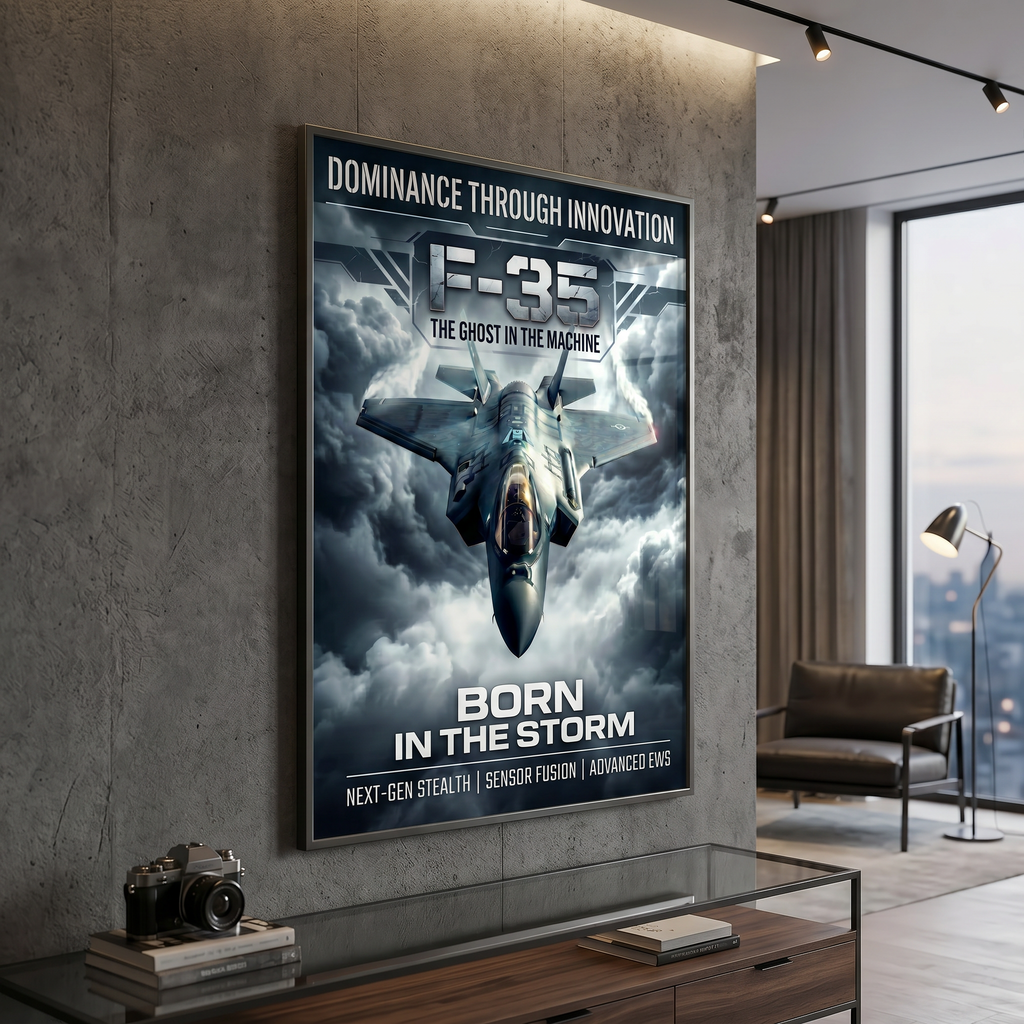 Military aircraft poster on dark charcoal wall — man cave aviation art