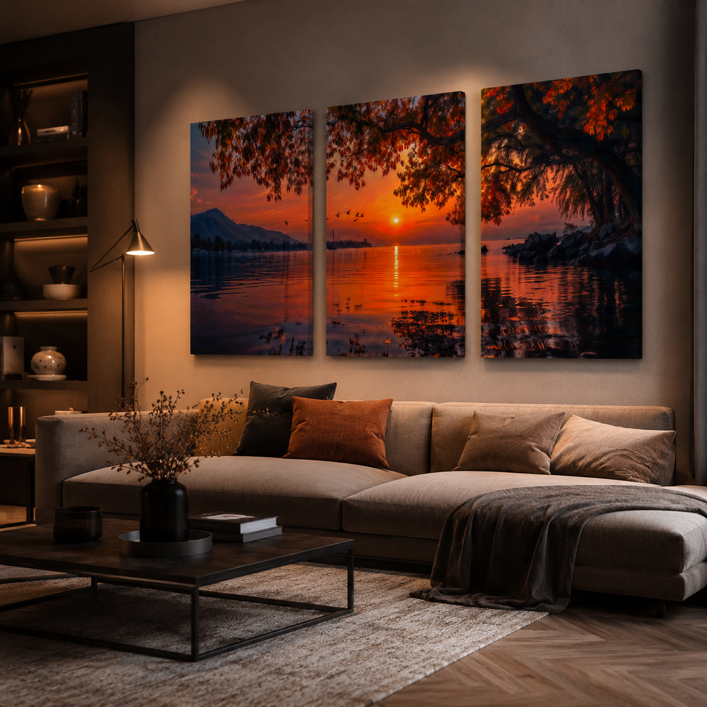 Sunset lake triptych canvas wall art, autumn mountain landscape print, 3 piece set for living room