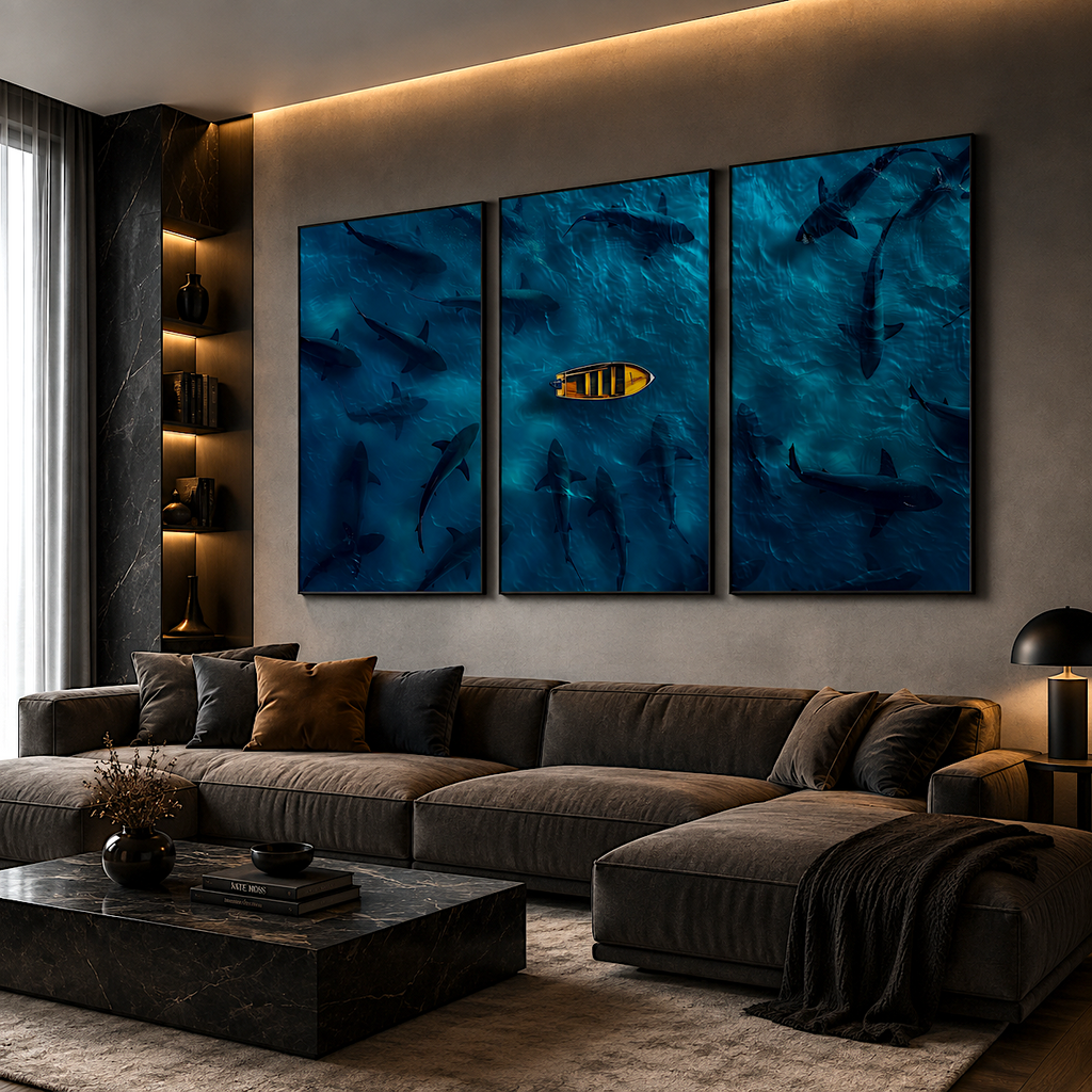 Poster dark: Deep sea wall art bringing quiet tension into a dark home office