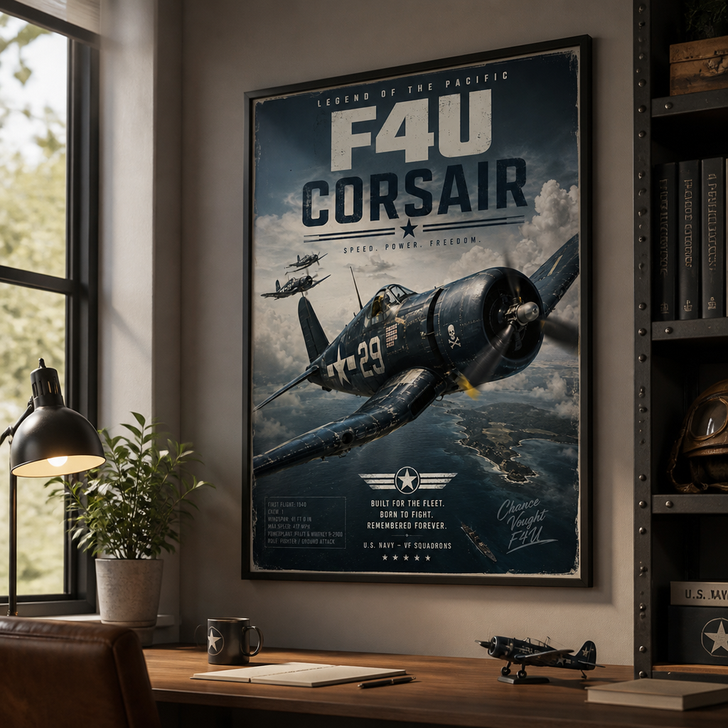 Aviation wall art capturing three fighter planes in tight formation over open water