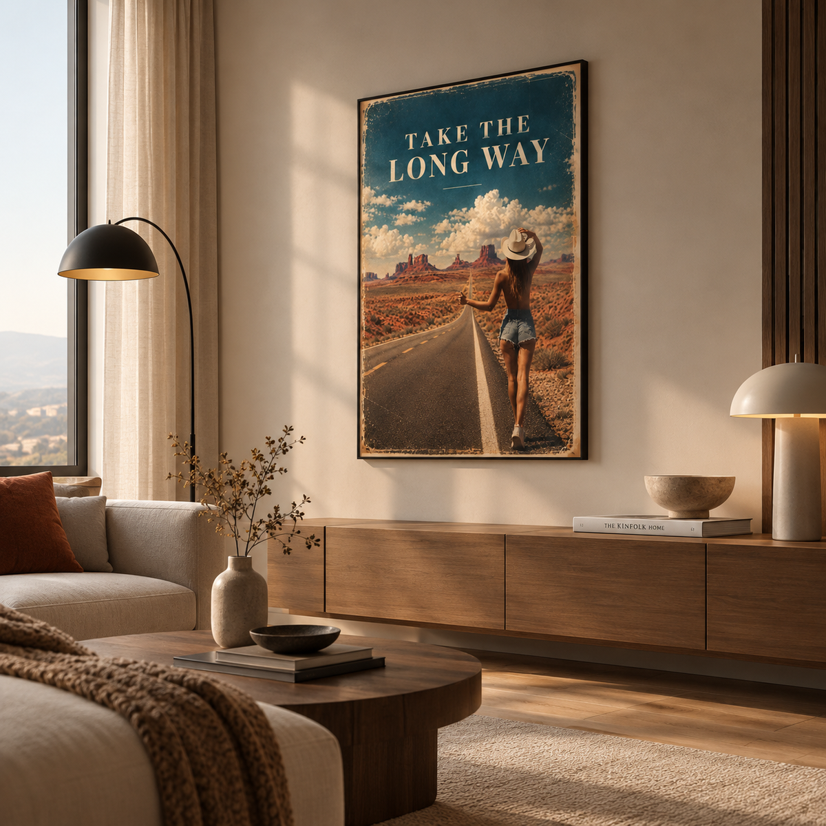 Freedom and adventure themed print: a lone traveler on a desert highway, cowgirl style, vintage grain texture