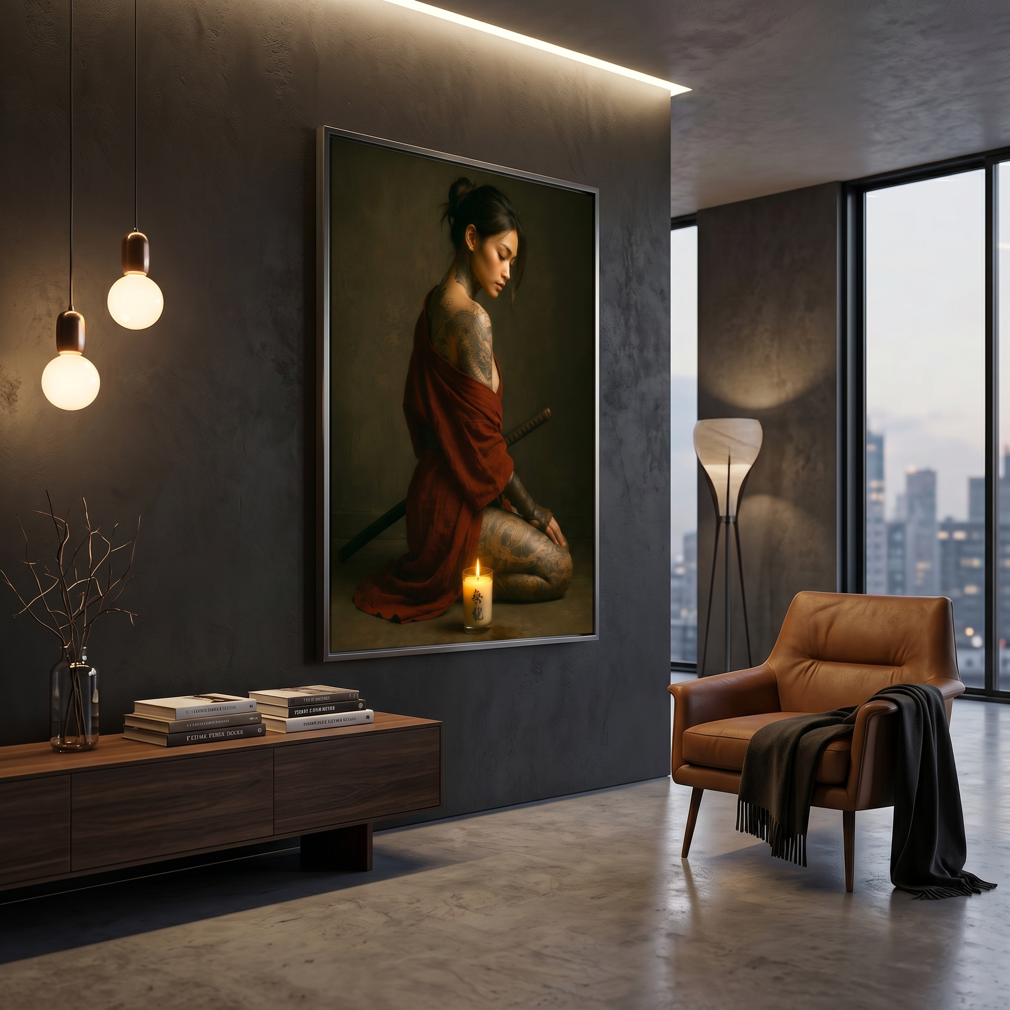 Japanese art print on dark wall — samurai woman red kimono, warrior woman art, premium matte poster