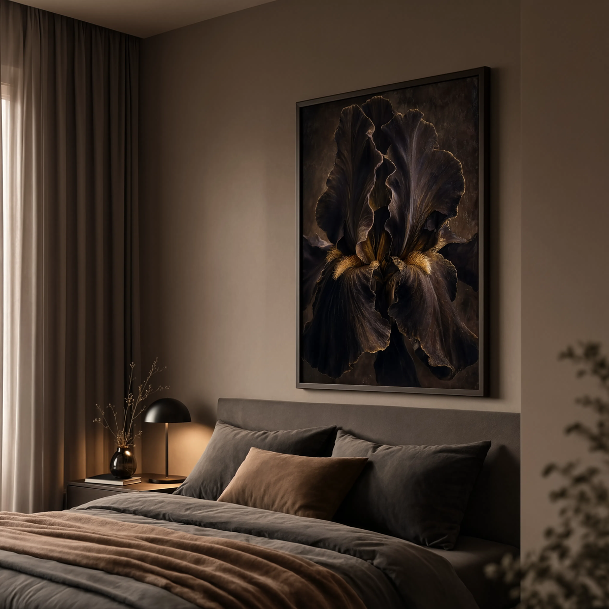 Premium matte poster print of a moody botanical iris close-up