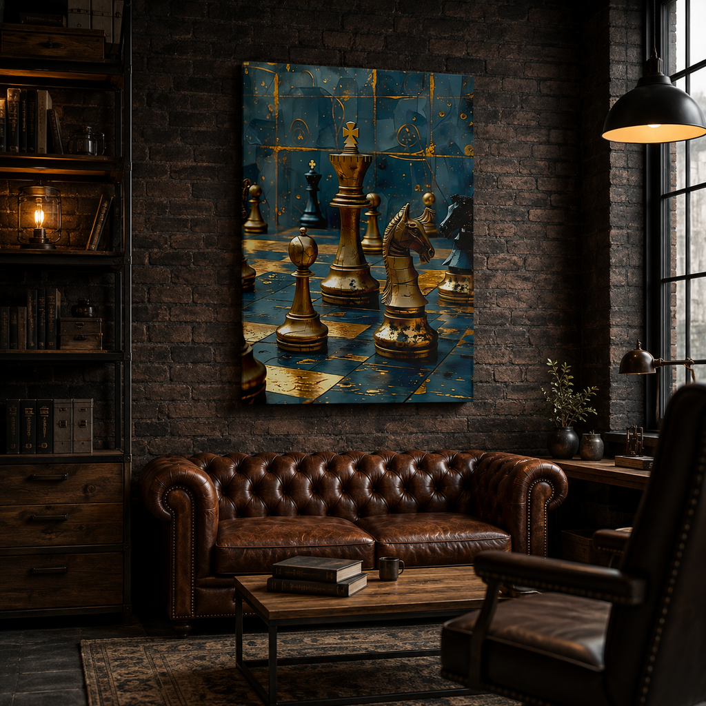 Teal and Gold Chess Canvas Art: Luxury Game Room Decor