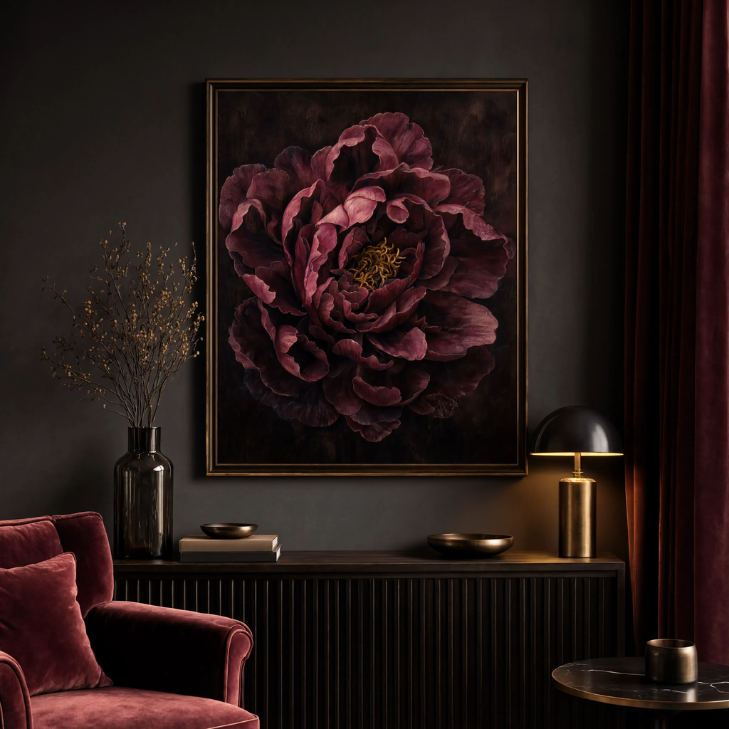 Burgundy peony stretched canvas print displayed on a wall in a romantic bedroom setting.