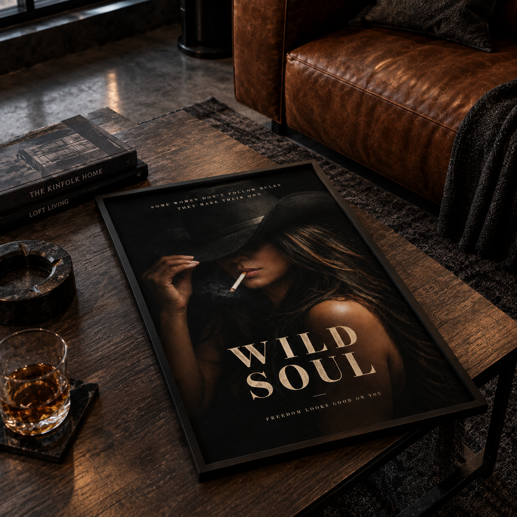 Cowgirl portrait poster “Wild Soul” with a woman in a black cowboy hat and a trail of cigarette smoke