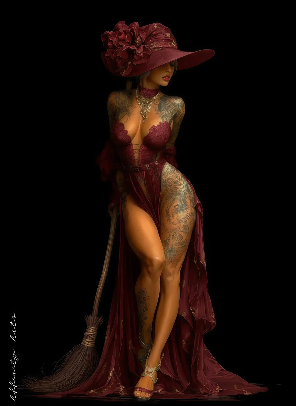 Elegant Witch Art Print | Burgundy Gown, Fantasy Wall Decor - AffinityArts 