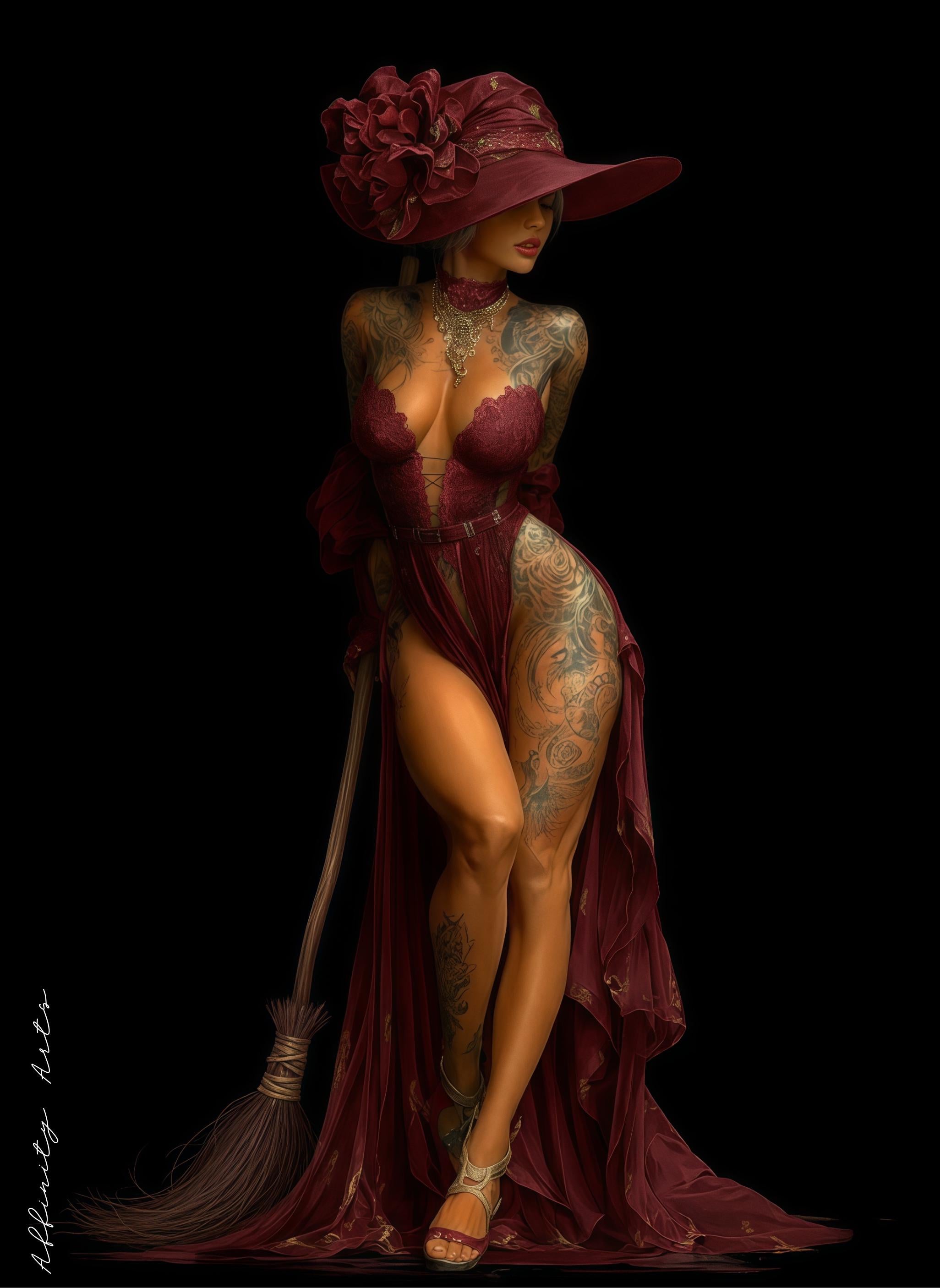 Tattooed female sorceress in crimson attire: plunging lace bodice, flowing skirt slit high, floral hat, gripping broomstick, dramatic dark backdrop.
