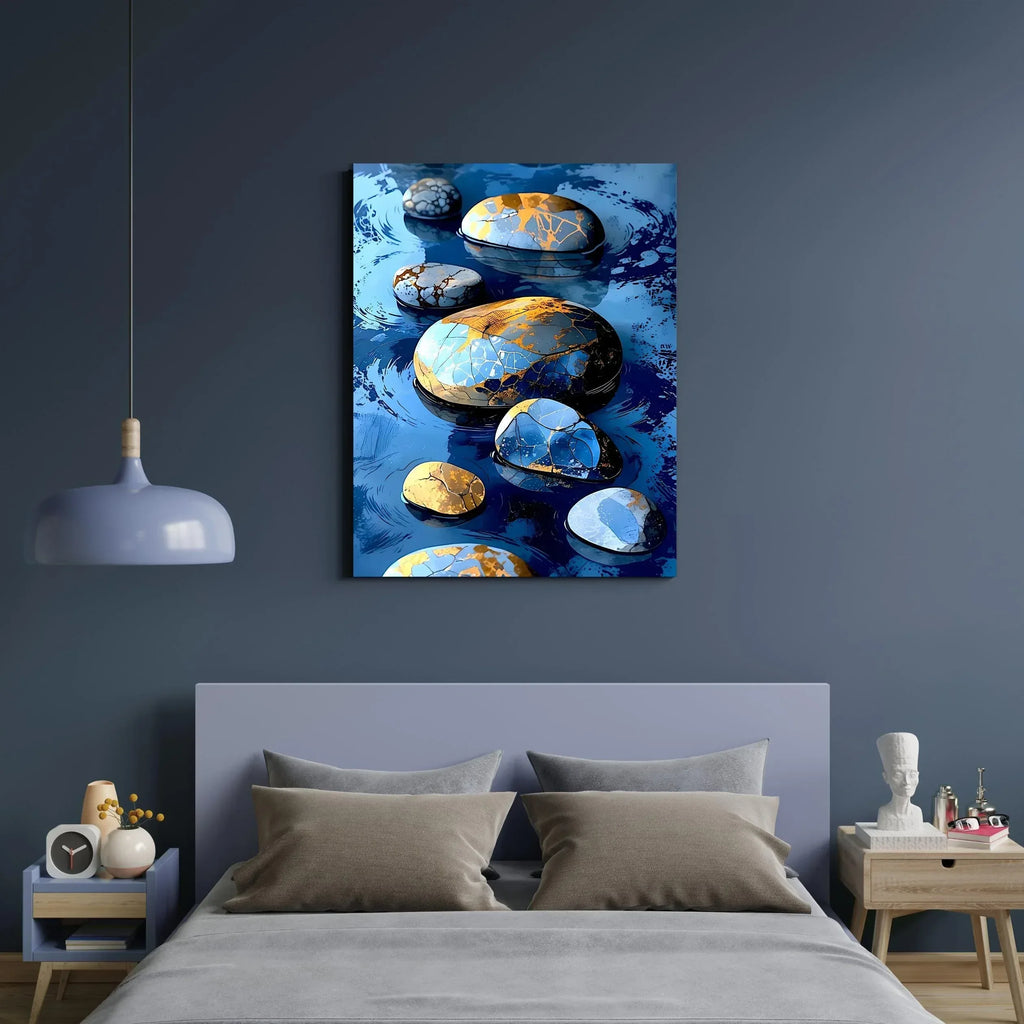 Kintsugi Stone Wall Art - Blue Gold Zen River Rocks Canvas Print - AffinityArts 