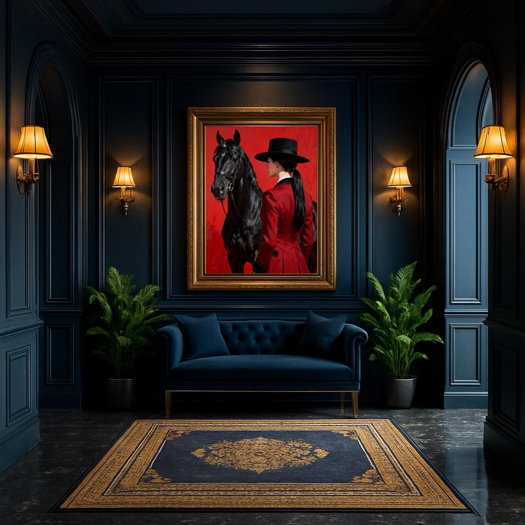 Elegant equestrian portrait featuring a rider in traditional dressage attire with her black horse.
