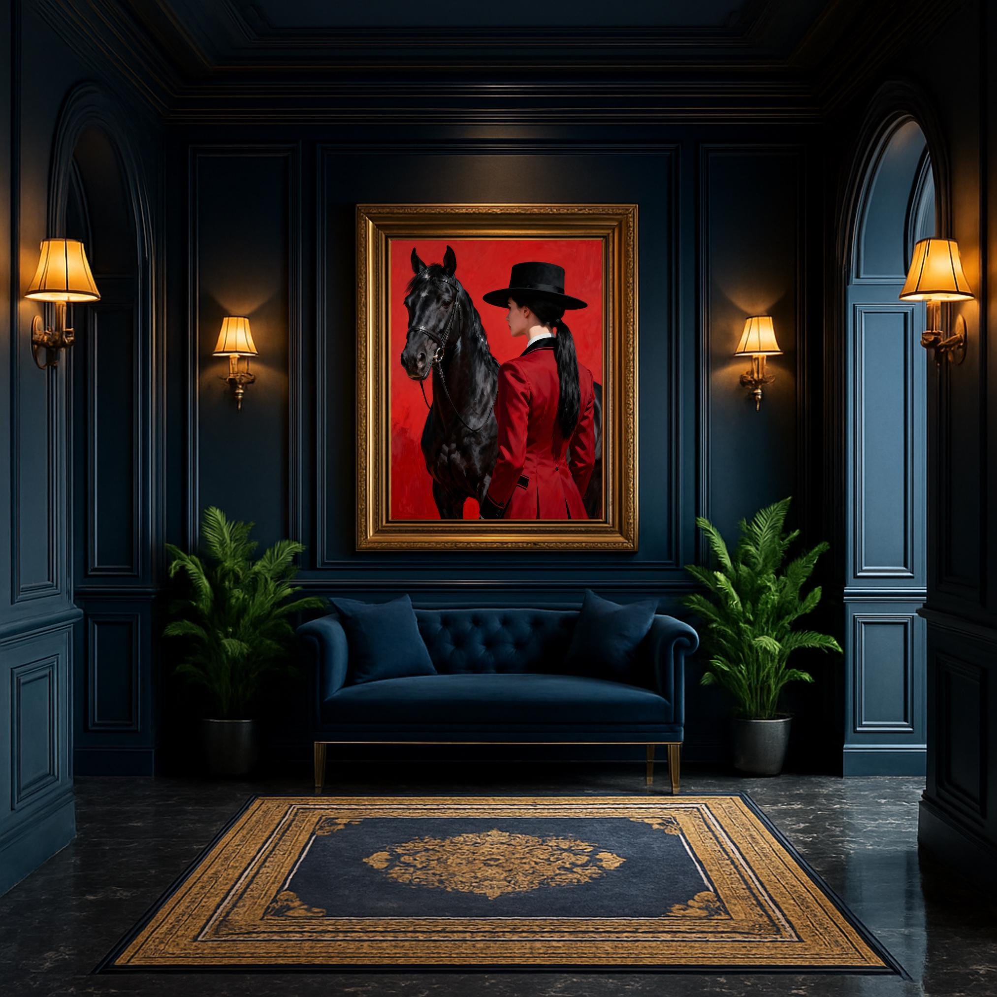Elegant equestrian portrait featuring a rider in traditional dressage attire with her black horse.
