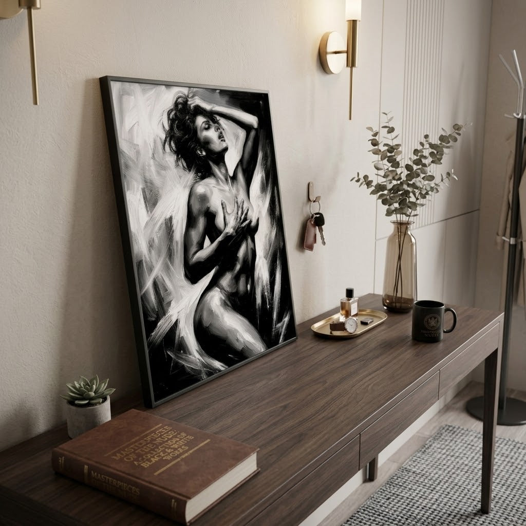 Sensual woman art print displayed in a boudoir-style reading nook