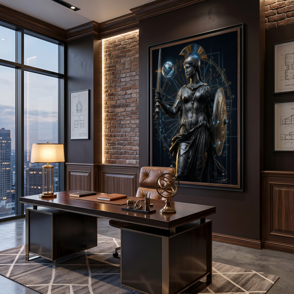 home office wall decor athena wall art cyberpunk goddess print setup