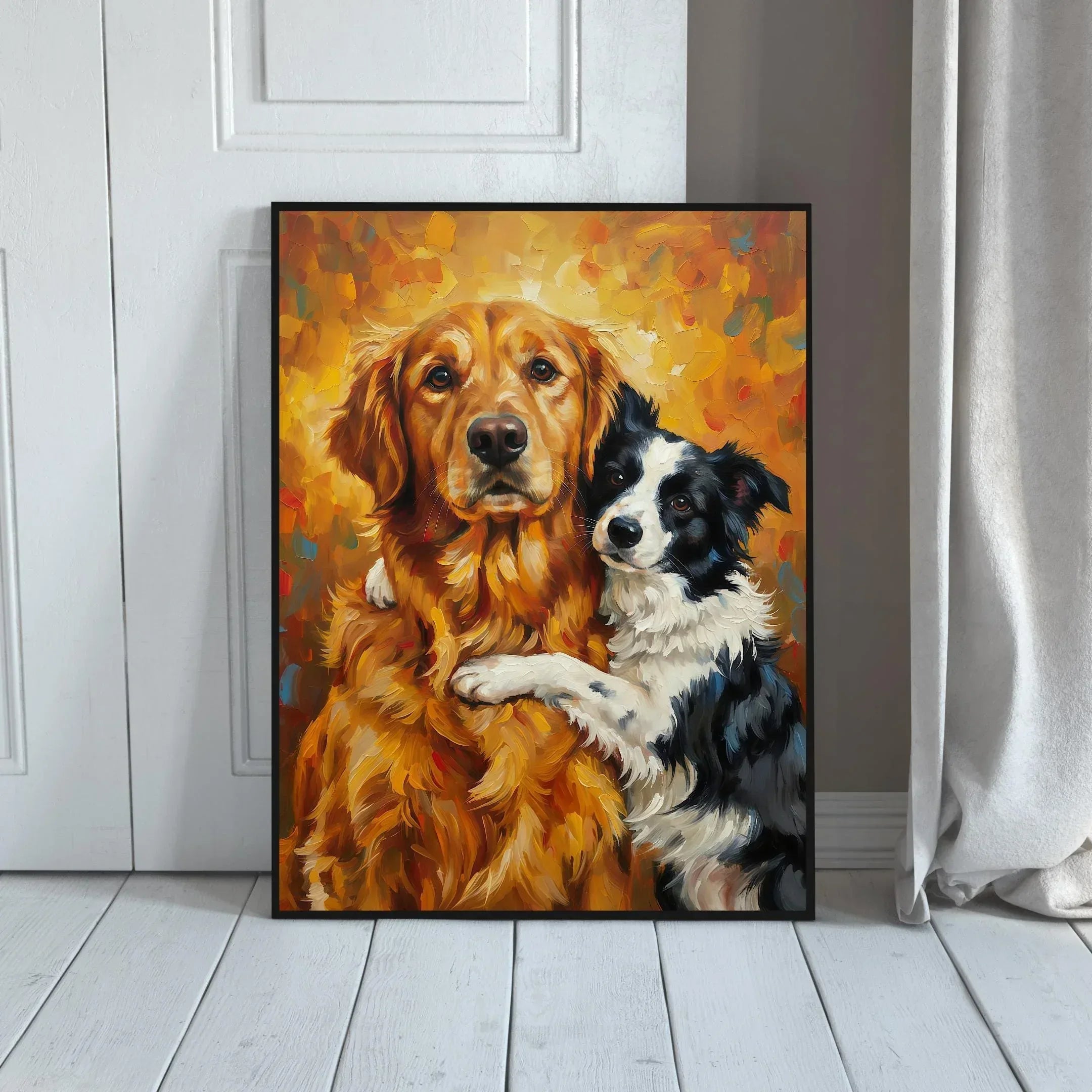 Dog Friendship Art Print | Golden Retriever & Border Collie Hug | Satin Paper Poster - AffinityArts 
