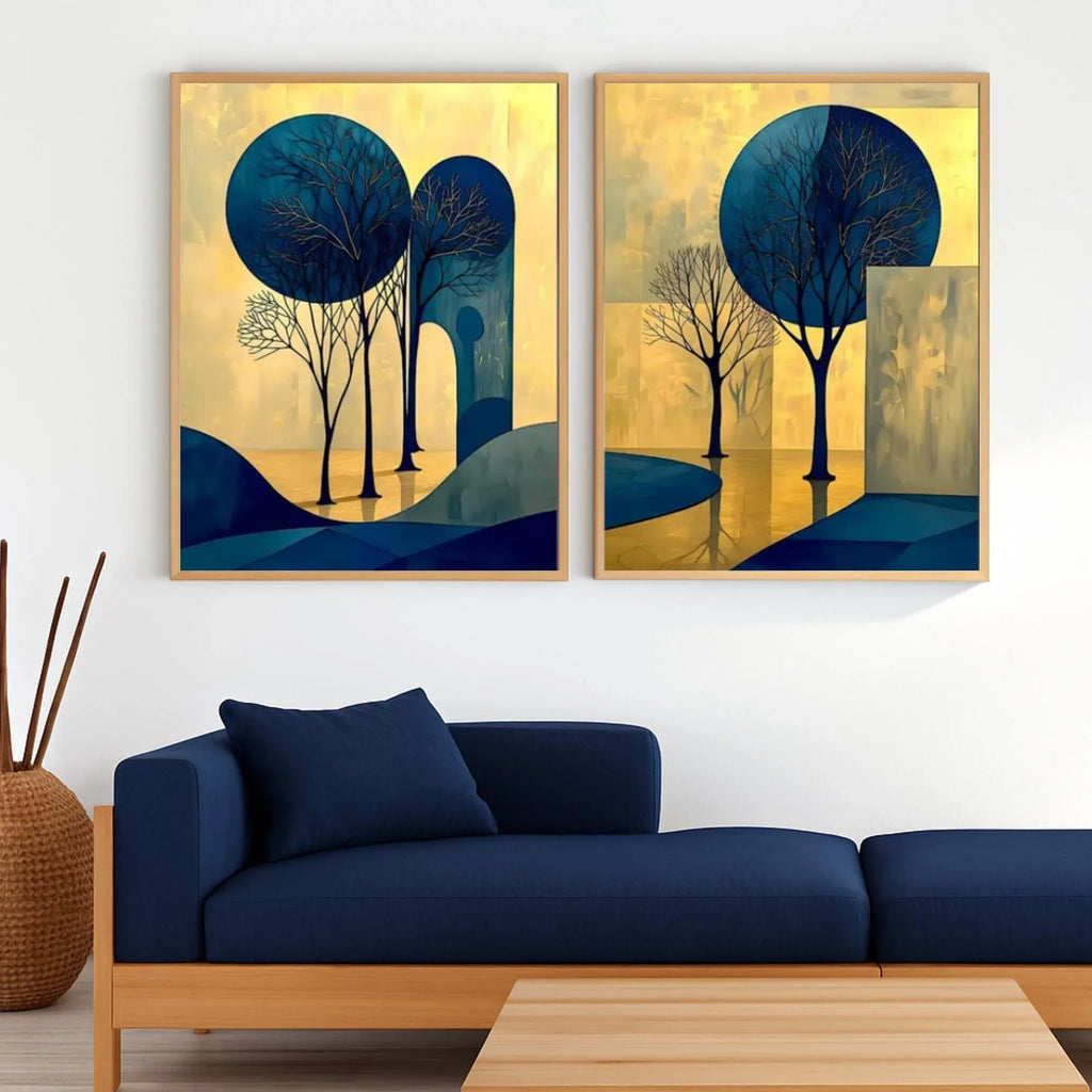 Abstract Tree Art Set: Blue and Gold Landscape Canvas or Poster - AffinityArts 