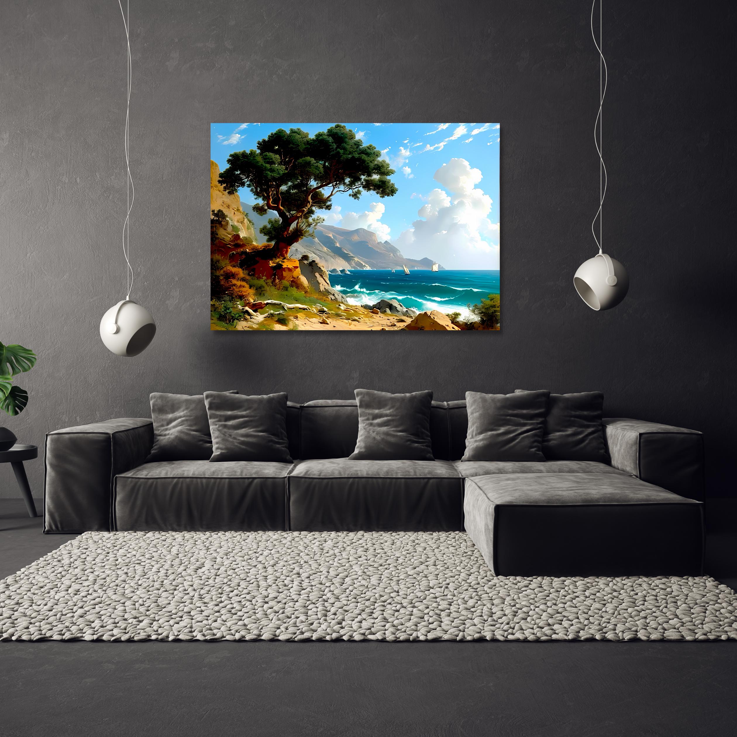Coastal Landscape Canvas Print – Seascape Wall Art with Sailboats & Tree – Ocean Shoreline Decor AffinityArts