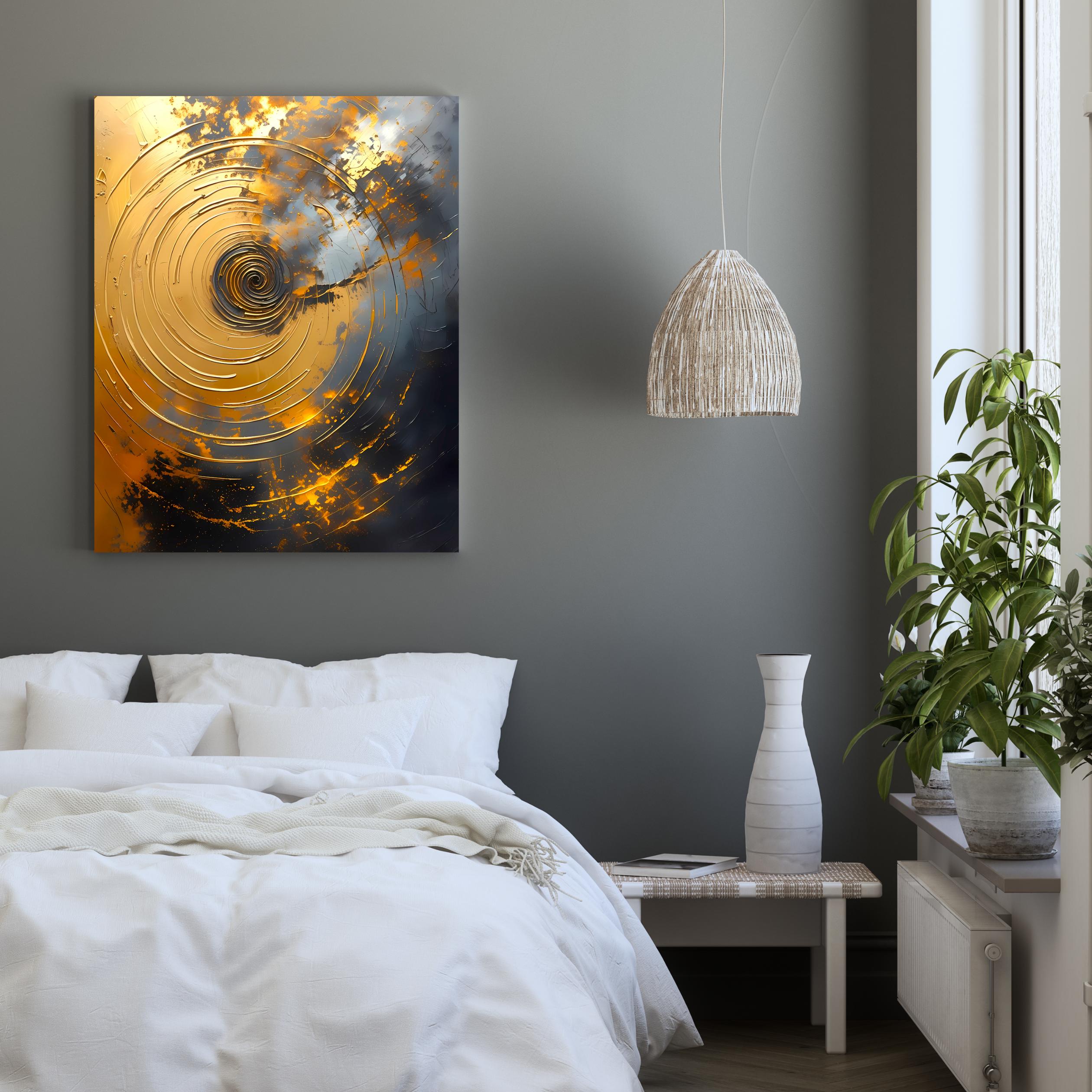 Dynamic abstract composition of concentric gold spirals blending into smoky gray and amber explosions.

