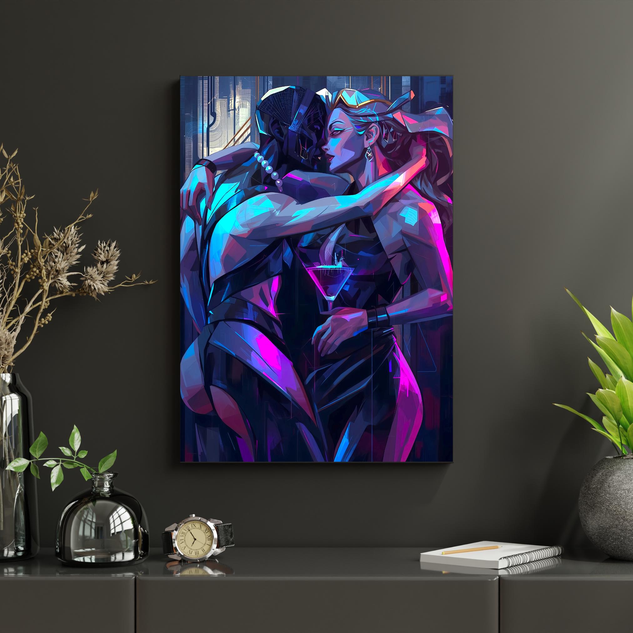 Romantic cyberpunk scene with a stylish woman holding a cocktail while leaning into a futuristic partner.