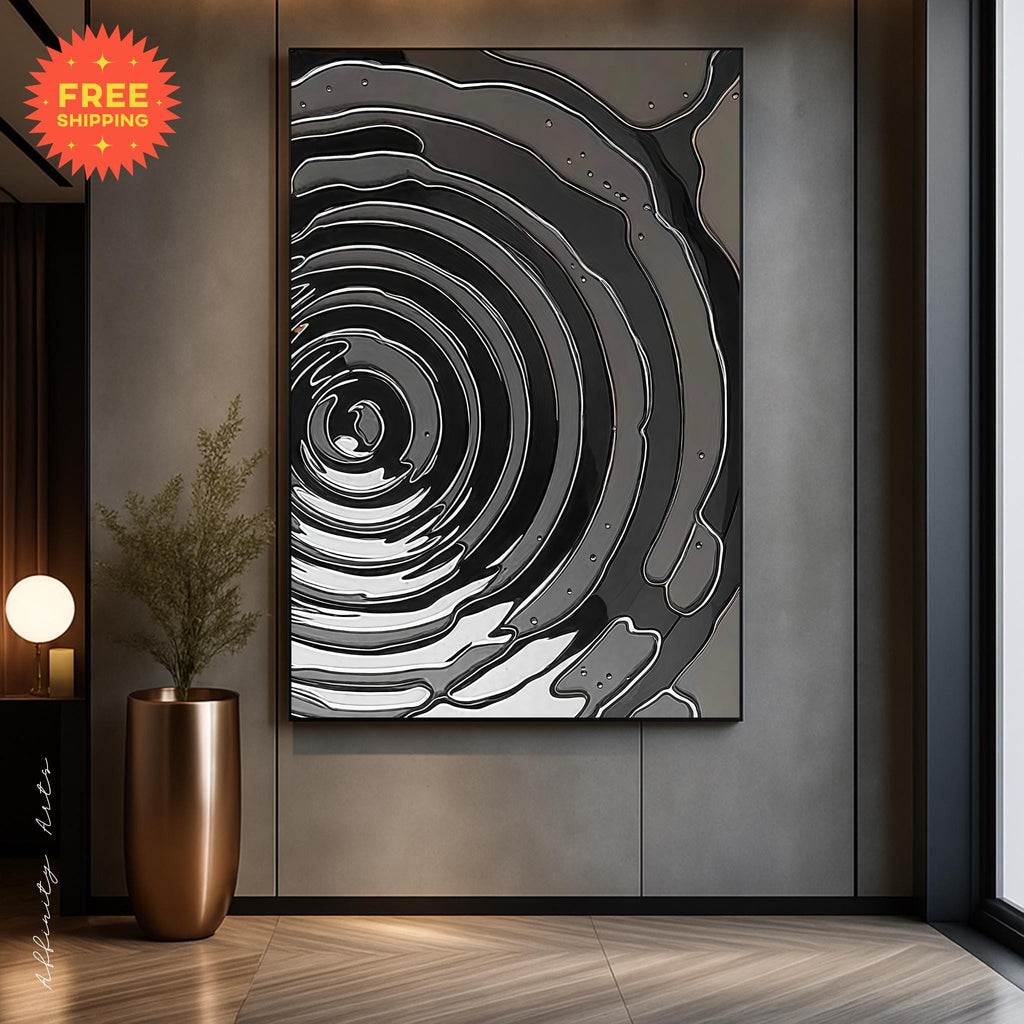 Elegant abstract visualization of sound waves or magnetic fields in grayscale
