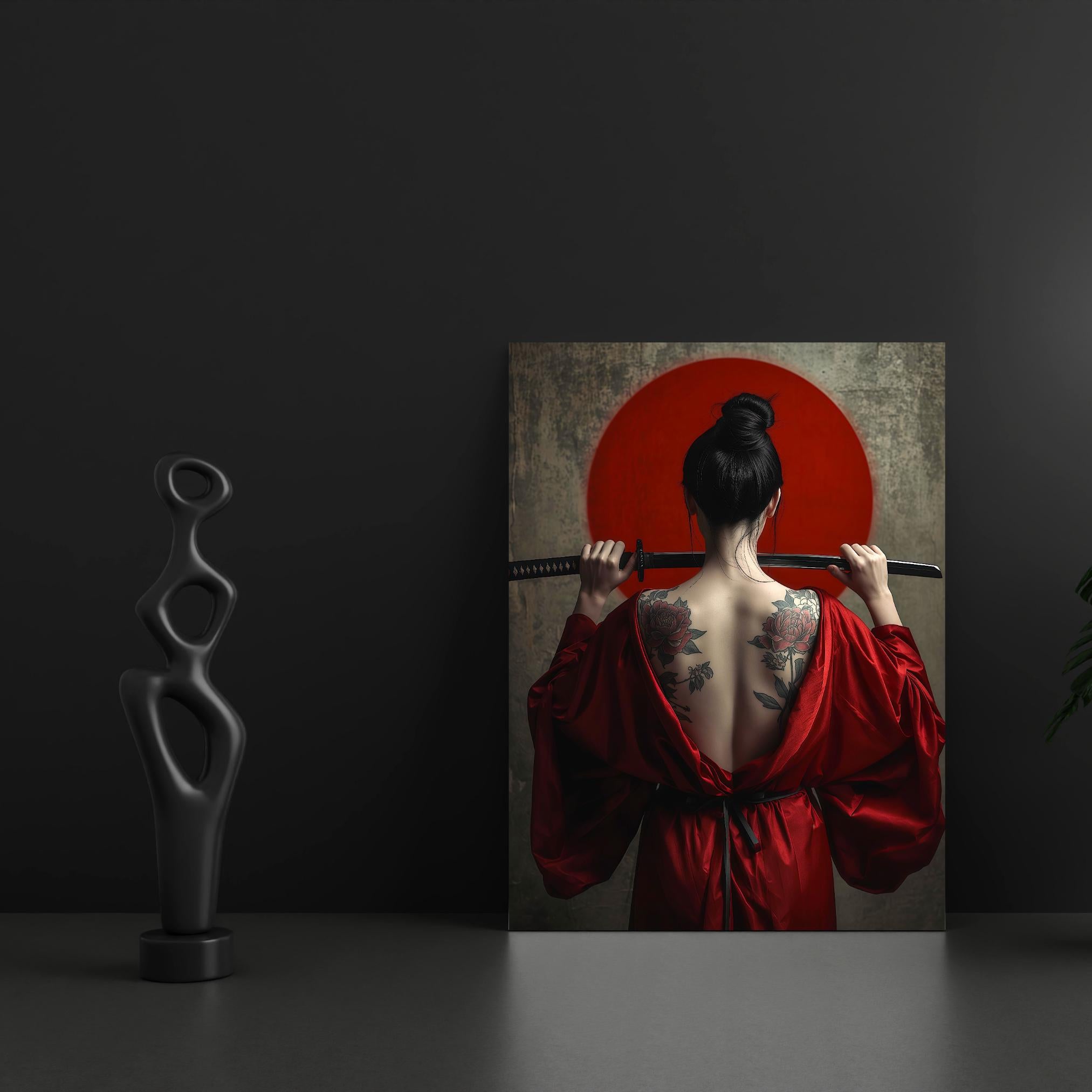 Minimalist Japanese aesthetic: lone figure with peony tattoos, red fabric, katana, and bold red circle background