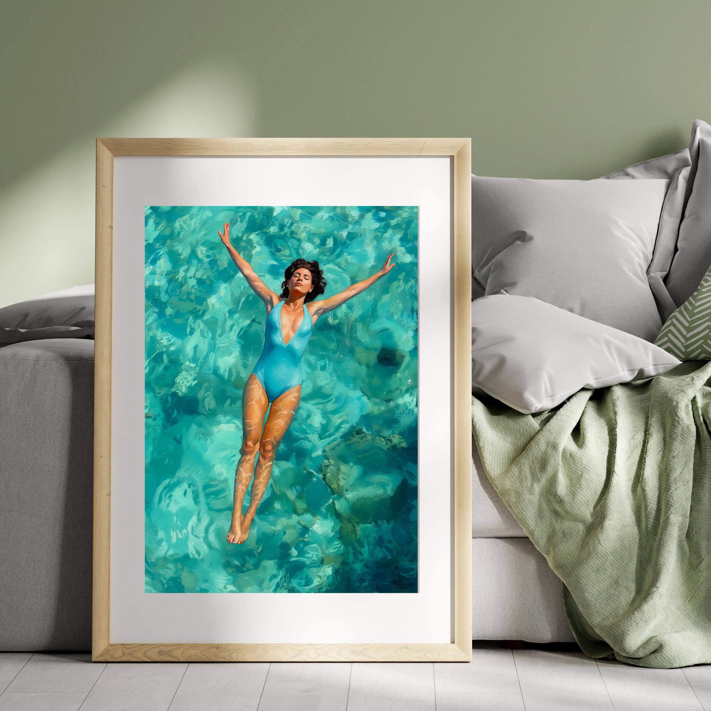 Tranquil scene: Woman with wavy dark hair, eyes shut, gliding effortlessly in vibrant teal sea, blue bodysuit on.