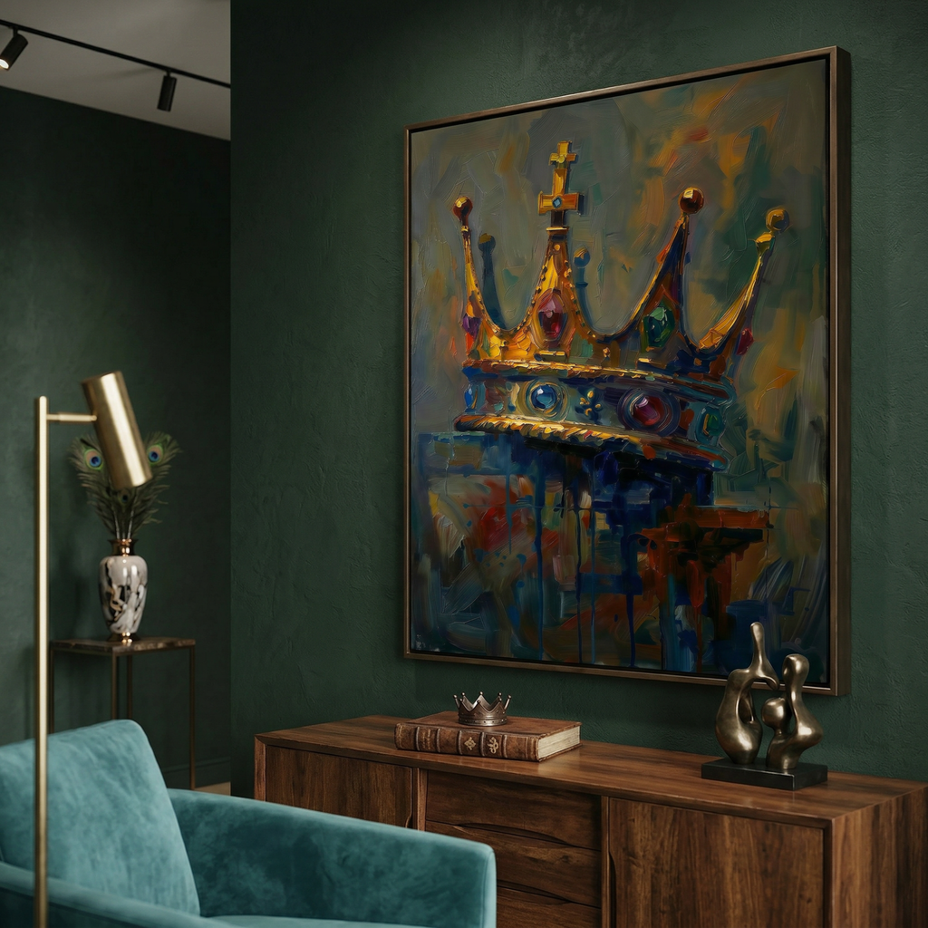 Bold oil painting of a king's crown with cross topper, rich gold and deep navy tones