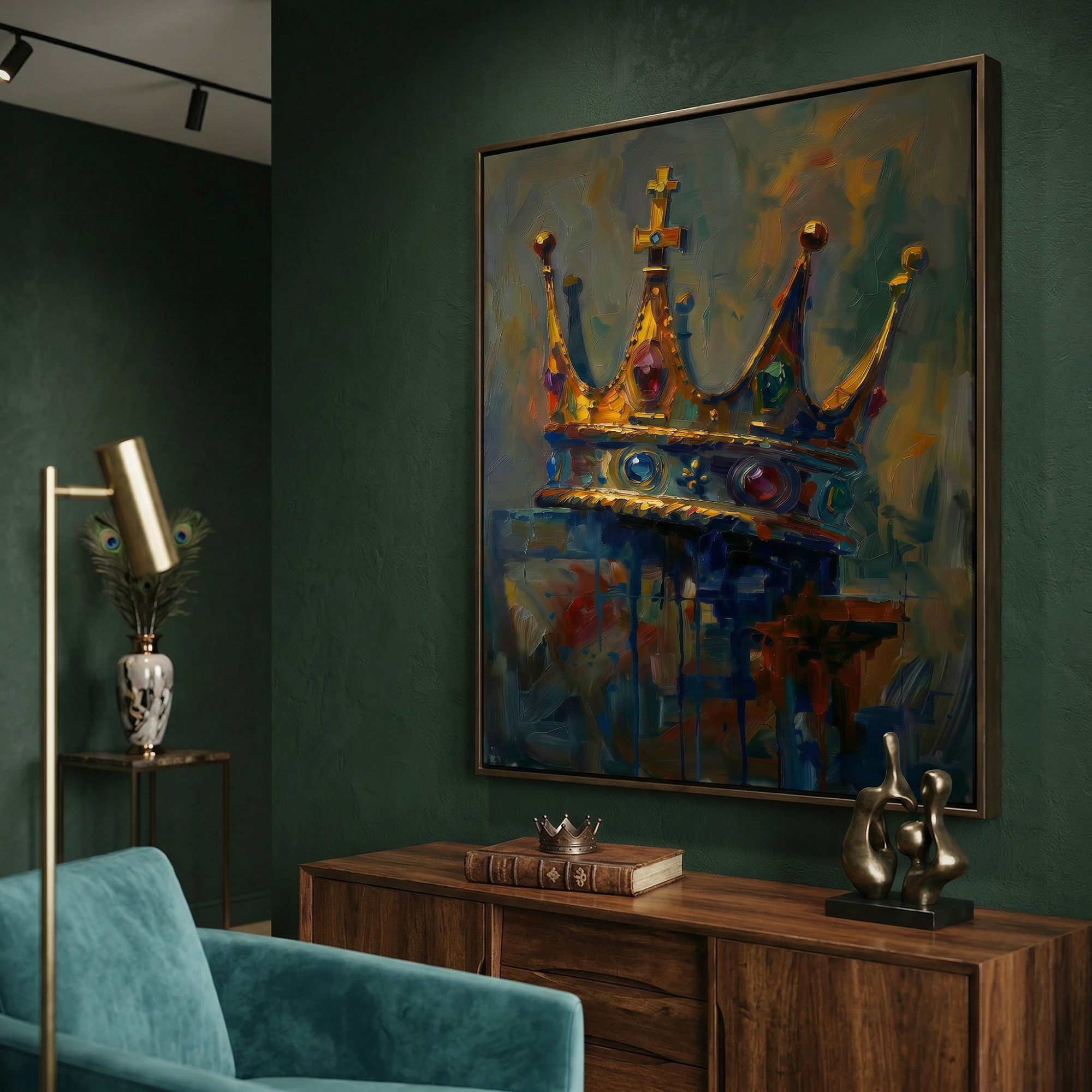 Bold oil painting of a king's crown with cross topper, rich gold and deep navy tones