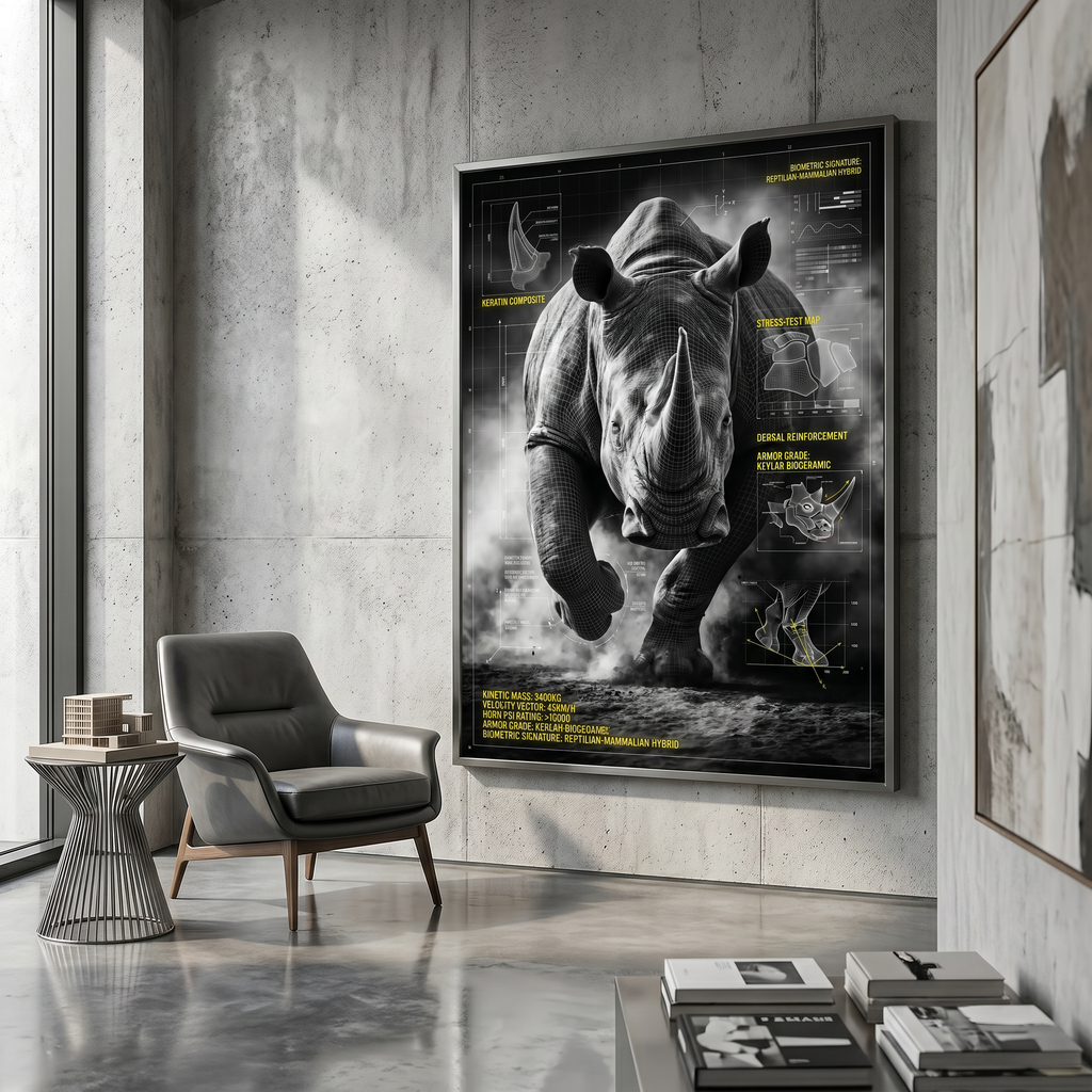 nature rebuilt as a classified technical document, rhino blueprint art print