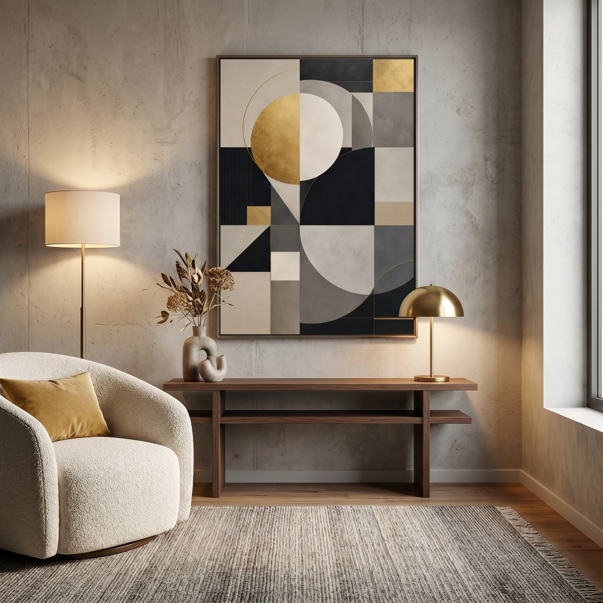 Calm neutral wall art bringing quiet structure to a modern living room corner