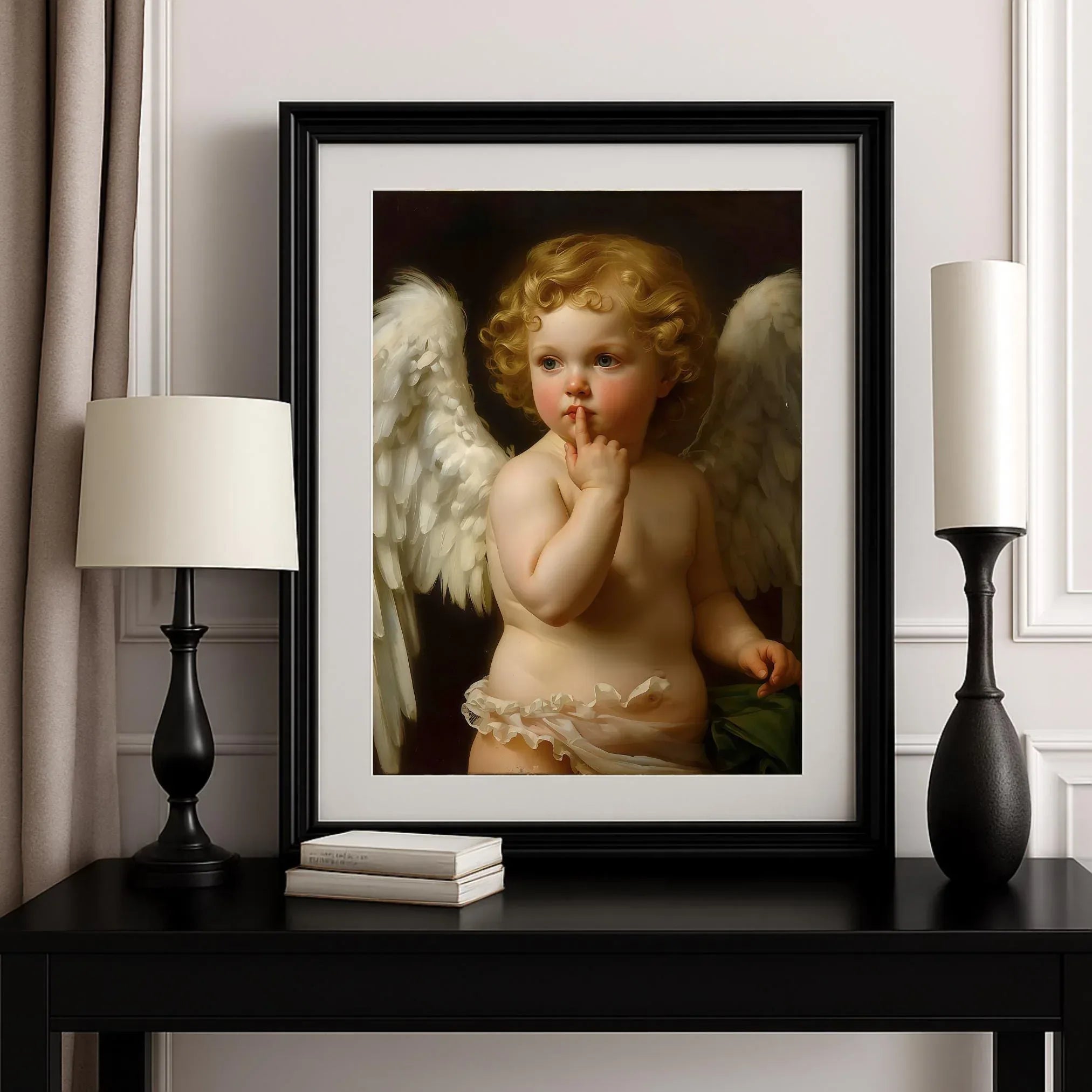 Winged Angel Art Print, Gold Curl Painting, Classic Home Decor (Digital File Option) - AffinityArts 