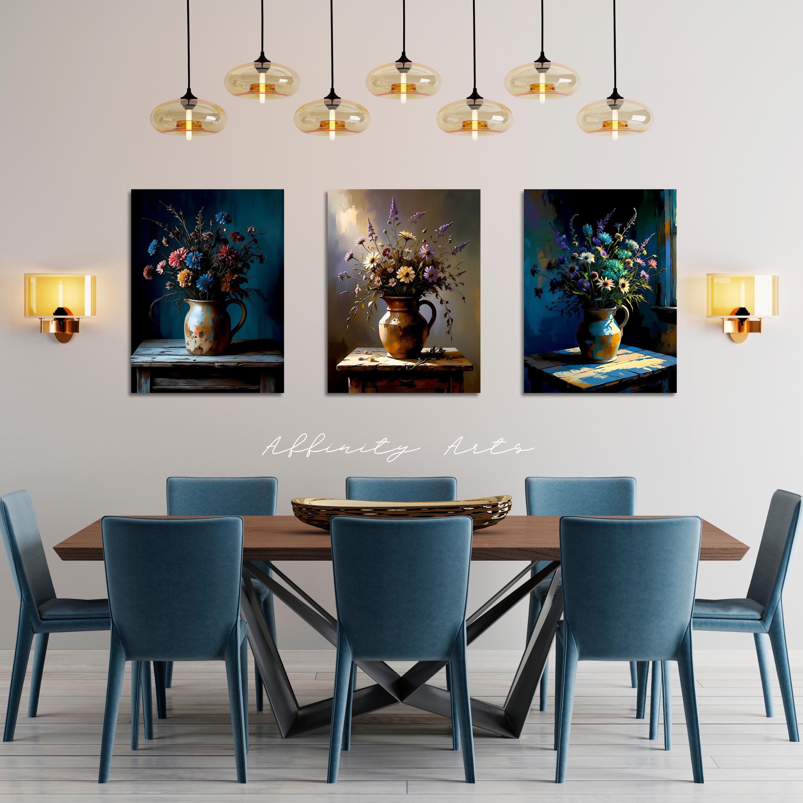 Floral still life painting set featuring wildflowers in rustic ceramic jugs on wooden tables, moody artistic interior decor