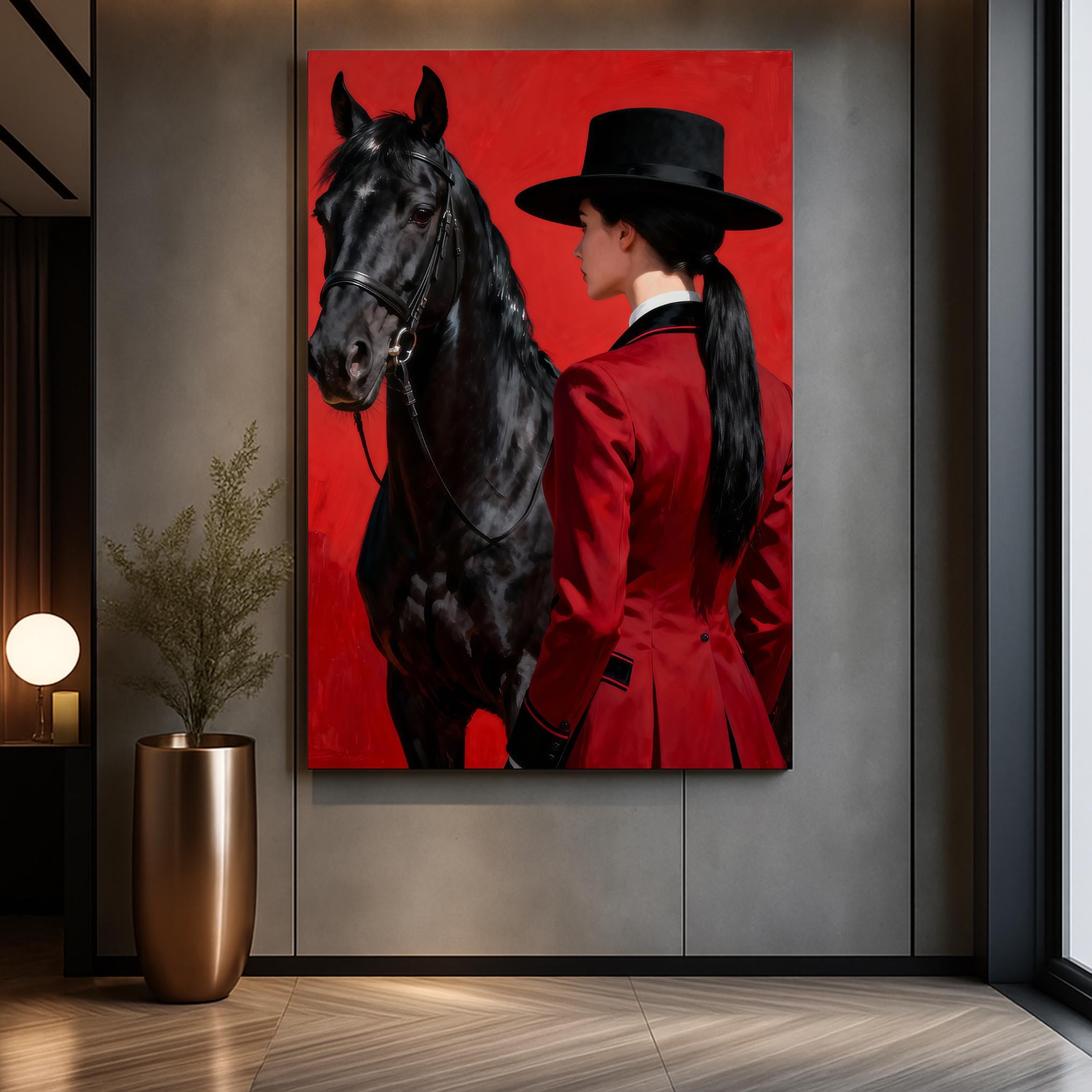 Profile view of a female rider in a crimson coat and black hat, standing next to a glossy black horse on a red backdrop.
