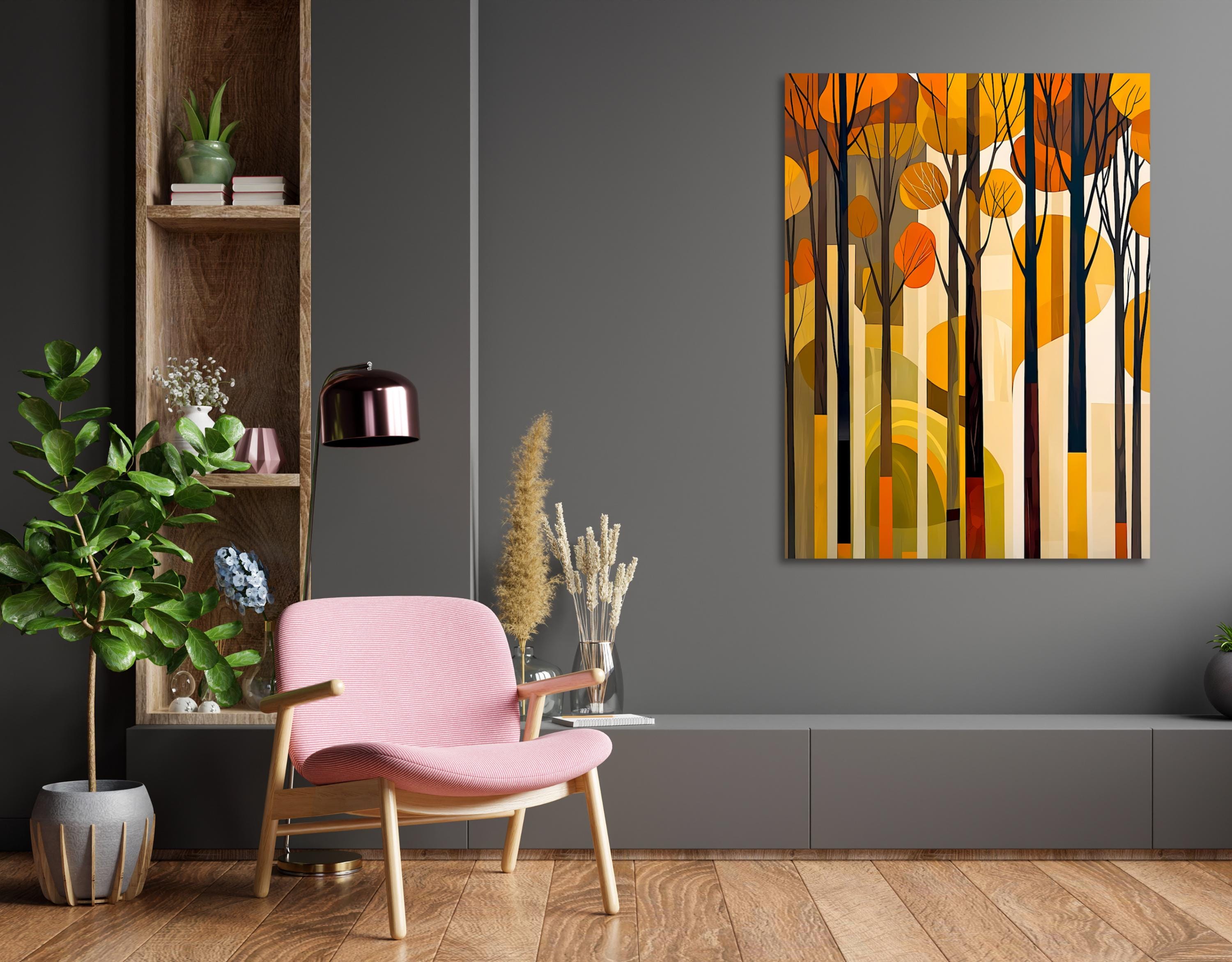 Modern geometric forest scene in shades of orange, yellow, and brown.