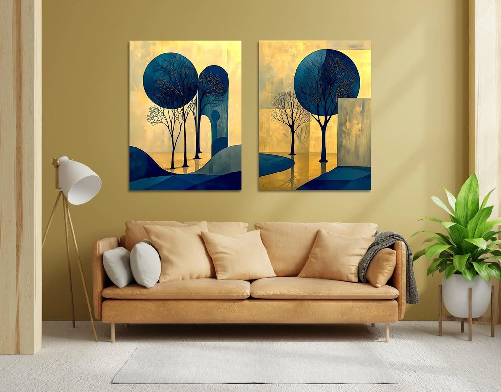 Abstract Tree Art Set: Blue and Gold Landscape Canvas or Poster - AffinityArts 